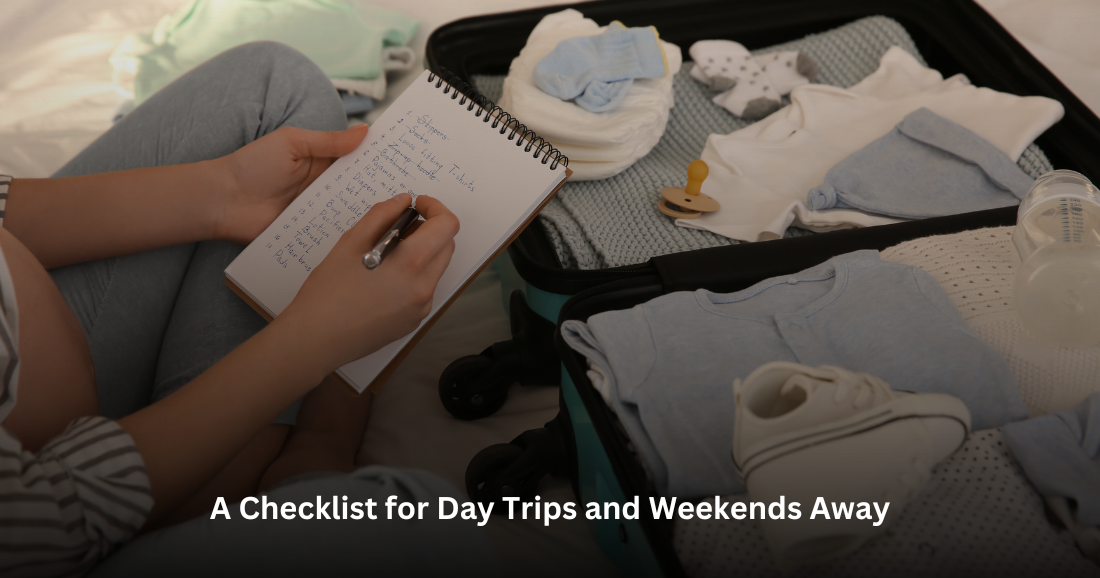 Mother with the pen writing checklist for the diapering of her baby during trips and weekend away