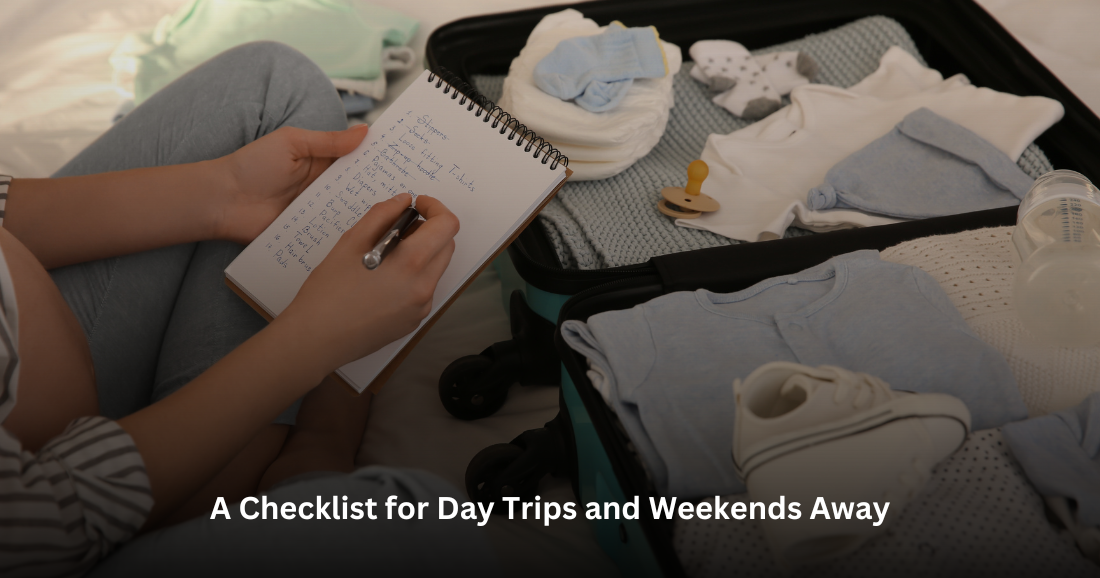 Mother with the pen writing checklist for the diapering of her baby during trips and weekend away 